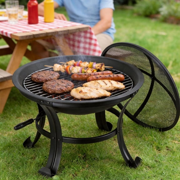 22 Inches Portable Fire Pit Outdoor Wood Burning Patio Steel Fire Pit Bowl, BBQ Grill for Camping Backyard Tailgating, Hunting Deck Picnic Porch Garden