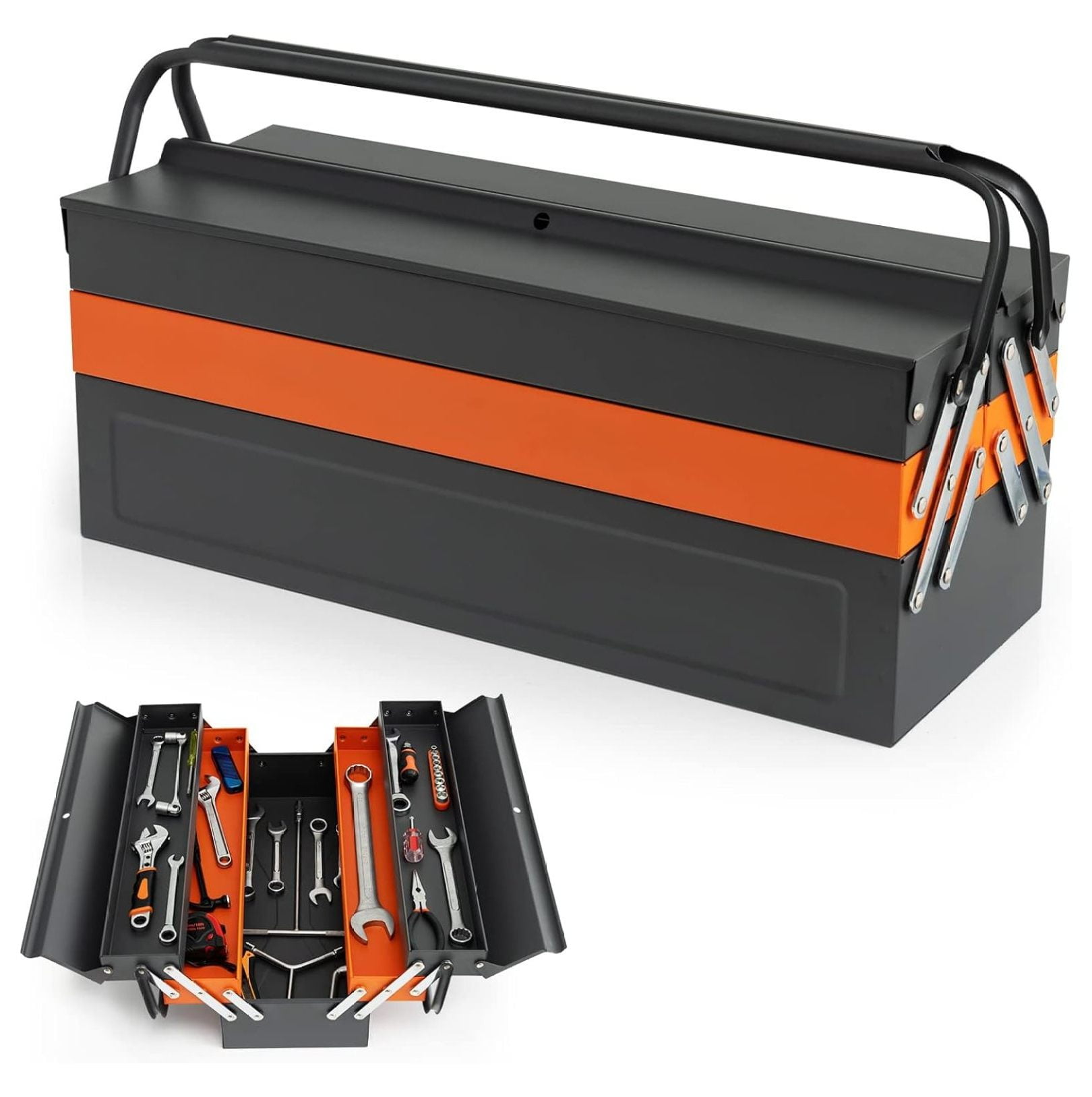 22 Inches Tool Box, 3-Layer 5-Tray Metal Toolbox w/Full-Length Handles & Lock Hole Design, Portable Storage Toolbox, Folding Tool Organizer for Household Warehouse Repair Shop, Free Assembly 22-Inch