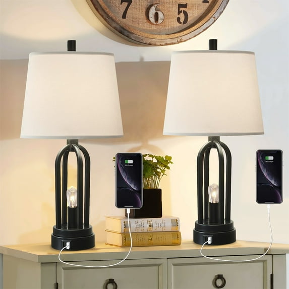 Ileading Industrial 22” 2-Light Table Lamp with USB Ports and Nightlight Bulbs ( 2 Count)