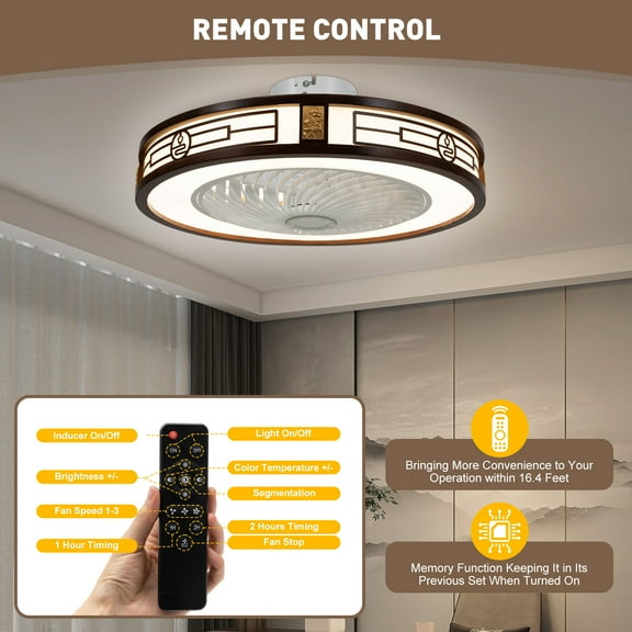 22" Invisible Ceiling Fan with Light and Remote LED Semi Flush Mount Chandelier 110V 96W Round 22.4*8.26in for Living Rooms, Restaurants, Bedrooms, Bars