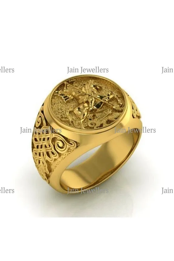 22 Kt Real Solid Yellow Gold St. Michael Fighting Dragon Mens Ring Size 9