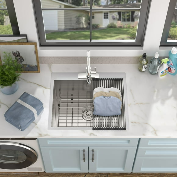 22 Laundry Sink Drop In - Fulorni 22"x22" Laundry Utility Sink Drop In Topmount 16 Gauge Stainless Steel 12 Inch Deep Single Bowl Above Counter Square Utility Laundry Room Sink Basin