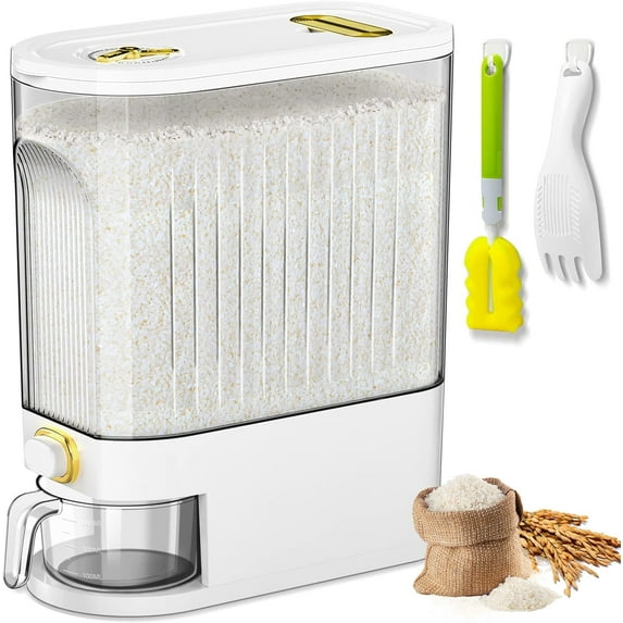 22 Lbs Rice Dispenser, Large Dry Food Storage Container with with Measuring Cup & Time Scale, Food Dispenser Kitchen Organization and Pantry Store for Cereal Dry Food (White)