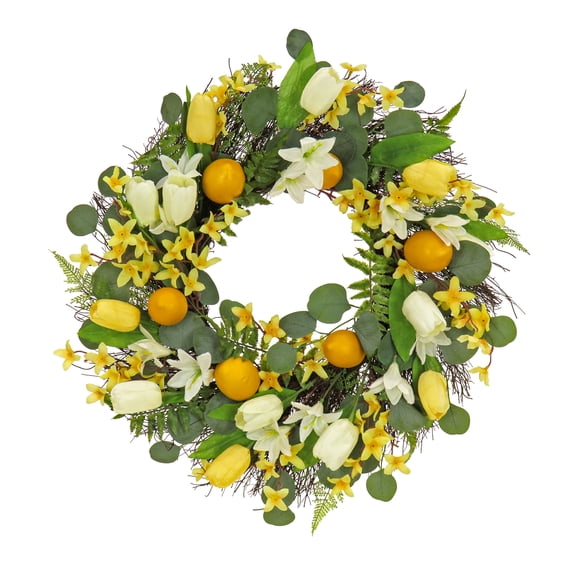 National Tree Company 22 inch Artificial Spring Wreath with Yellow Tulip Blooms, Lemons, and Forsythia Flower Blossoms, Realistic Floral Decoration for Front Door or Indoor Décor