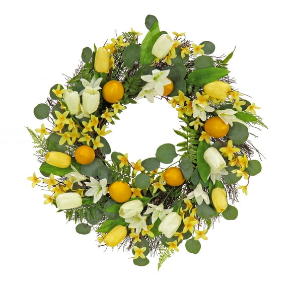 National Tree Company 22 inch Artificial Spring Wreath with Yellow Tulip Blooms, Lemons, and Forsythia Flower Blossoms, Realistic Floral Decoration for Front Door or Indoor Dcor