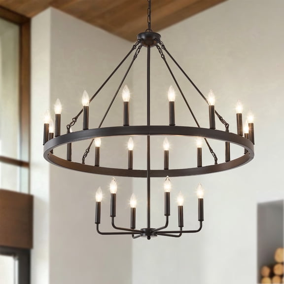 22-Light Black Farmhouse Industrial 2-Tier Wagon Wheel Chandelier, Large Rustic Metal Candle Style Hanging Ceiling Light Fixture for Dining Room, Living Room, Foyer, Entryway