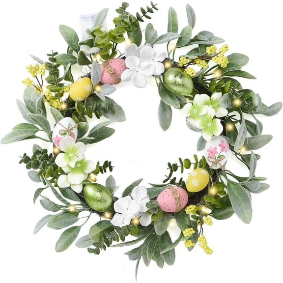 22'' Lighted Easter Wreath for Front Door - Pre-lit Spring Wreath with Pastel Eggs, Daisy Flowers & Silk Lambs Ear Leaves, Professional Artificial Farmhouse Indoor Outdoor Wall Window Decor