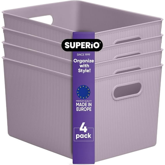 22 Liter Large Ribbed Storage Bin, Decorative Plastic Basket(4 Pack, Lilac)