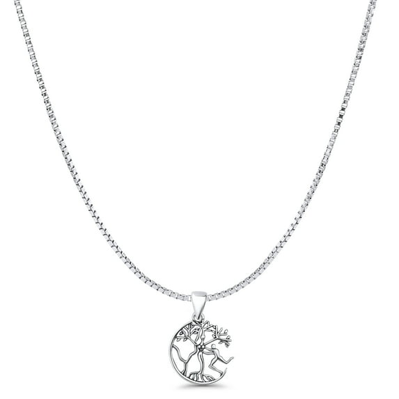 22" Long 1mm Box Chain- Tree & Man Filigree Pendant Necklace Oxidized Vintage Style 925 Sterling Silver 14.8mm Pendant Gift For Her