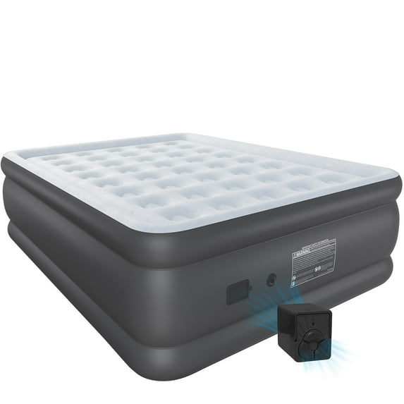 22" Luxury Queen Air Mattress with Built-In Battery Pump - Heavy-Duty Waterproof Veltex Surface - Portable Inflatable Camping & Guest Bed, Gray