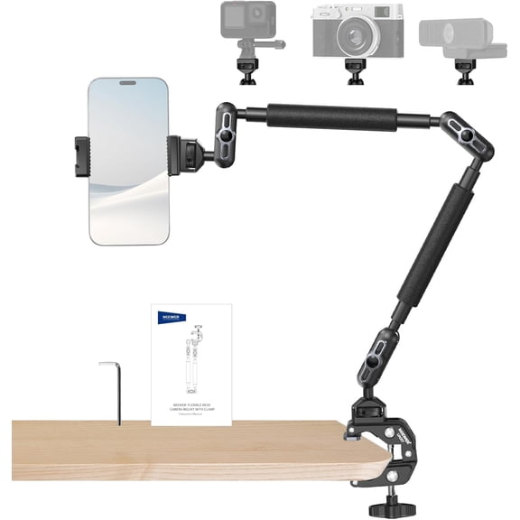 22" Magic Arm w Desk C Clamp, Overhead Camera Mount with Articulating Mic Boom Arm 1/4" 3/8" Threads for ARRI, Desktop Stand Holder for Phone Microphone Webcam Action Camera Video Light, UA057