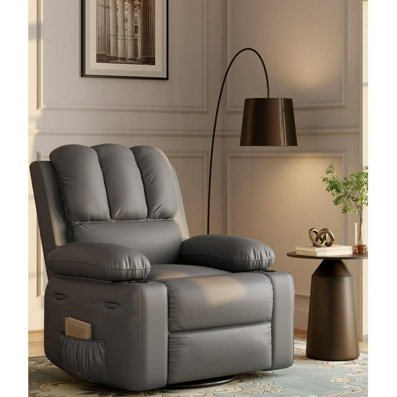 22'' Manual Recliner Chair for Adults, PU Leather Recliner with Cup Holders & Side Pockets, 350 Lb Weight Capacity, Ergonomic Design for Living Room, Bedroom, Nursery, and Home Theater