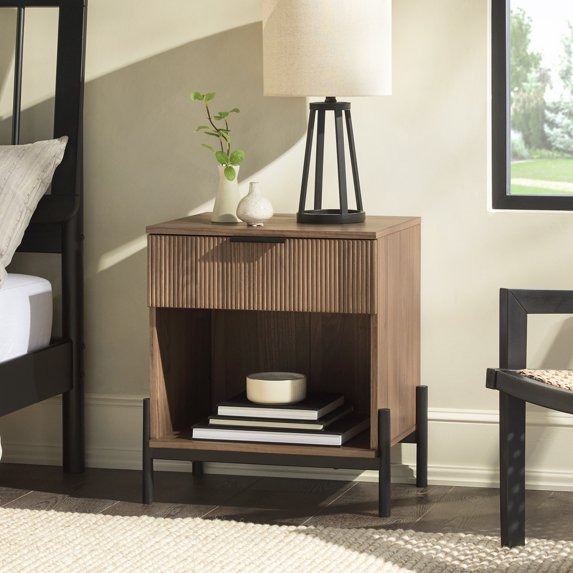 22" Modern Fluted Side Table, Modern Fluted-Drawer Nightstand with Open Cubby, Bedside Table with 1 Drawer, for Bedroom, Living Room, Coffee