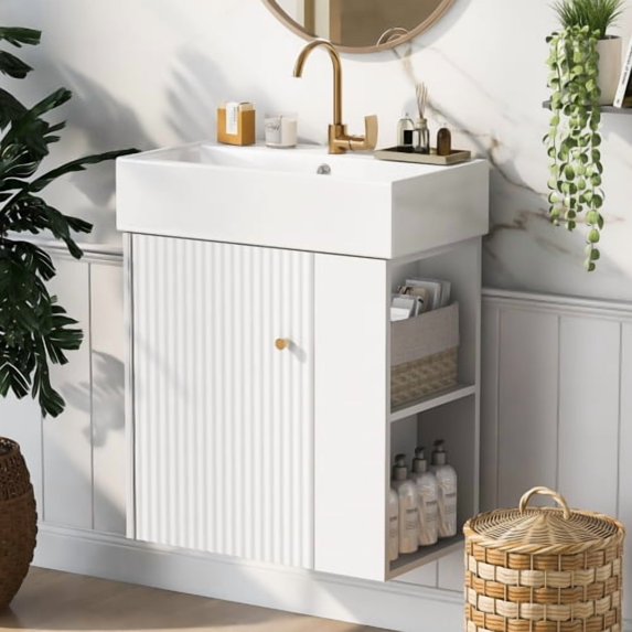22" Modern Modern Freestanding Vanity Cabinet, Modern Bathroom Cabinet with Ceramic Basin, Freestanding Vanity with Soft Close Door for Small Bathroom, White