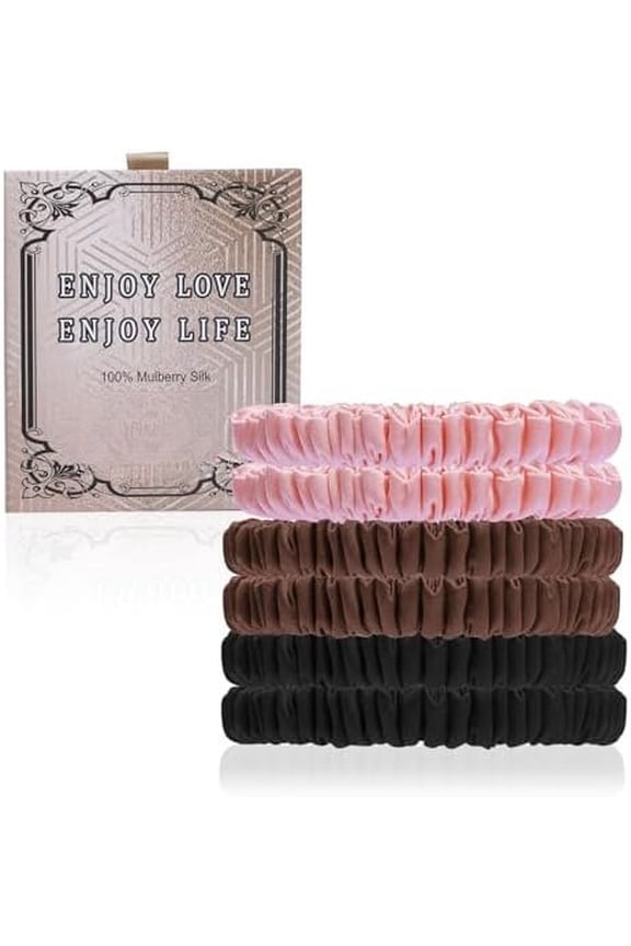22 Momme 6 count  Mulberry Silk Hair Ties Small Silk Scrunchies for Women Girls Curly Thick Thin Hair .Women's Black Cute Satin Sleepy Bulk Hair Tie Scrunchie Sleep Style 18