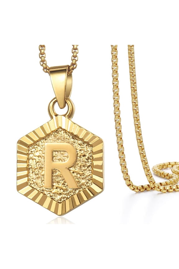 22" Monogram Hexagon A-Z Gold Filled Initial Letter Pendant Necklace Chain Unisex