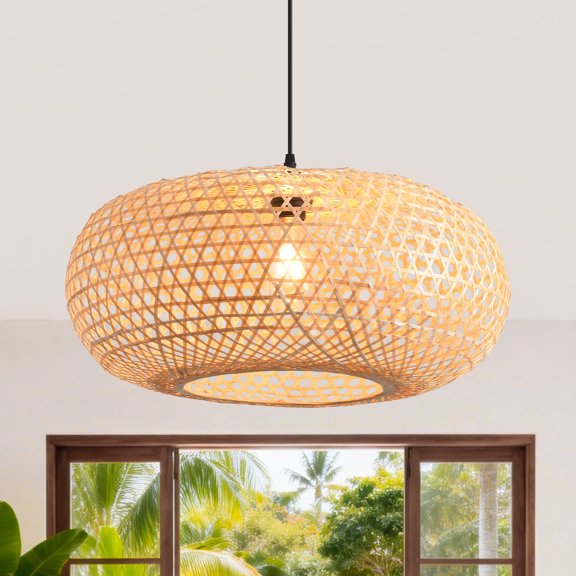 22" Natural Bohemian Handwoven Bamboo Island Pendant Light, 1-Light Dimmable Chandelier