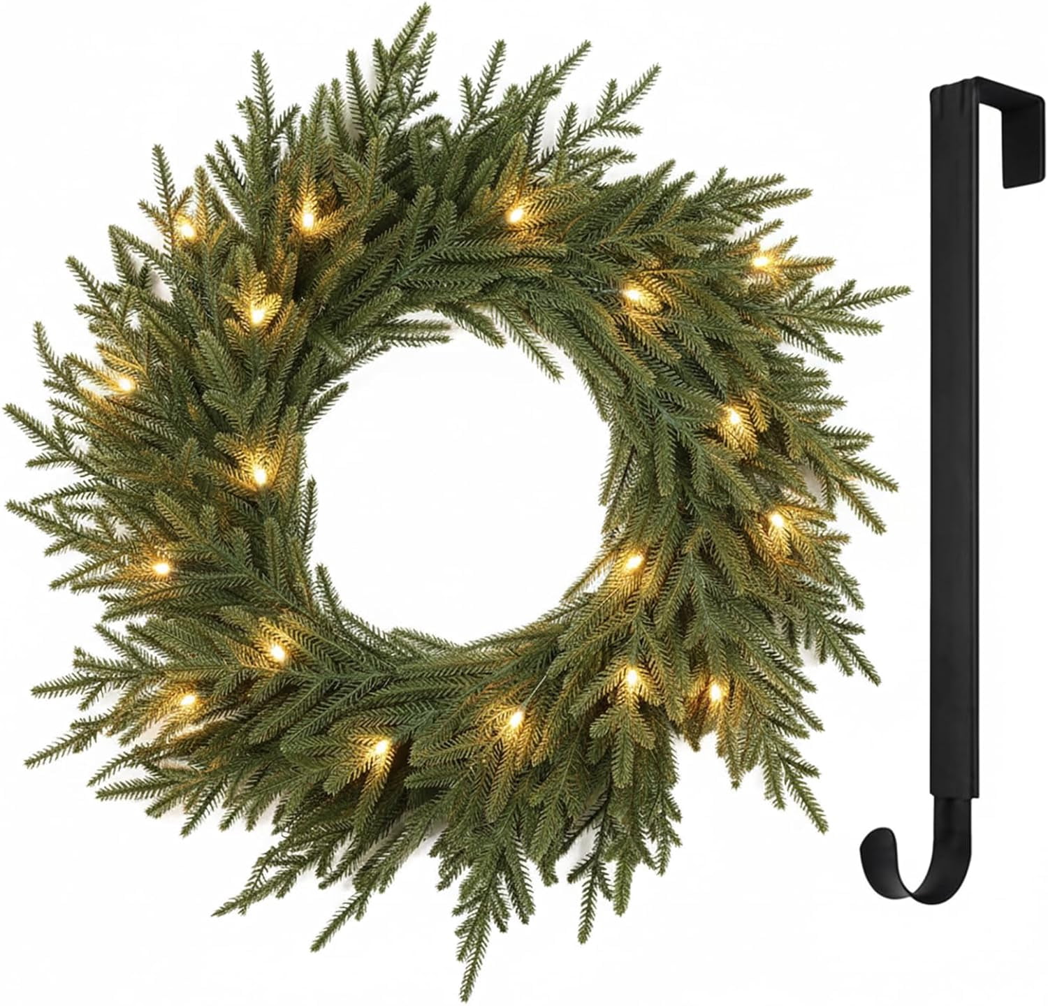 22” Norfolk Christmas Wreath, with Led Lights Artificial Real Touch Pine Greenery Branches,  for Front Door Winter Outdoor Indoor Wall Decorations