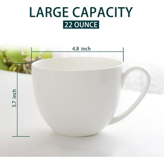 22 OZ Lightweight Bone China Soup Mugs with Handles White Large Ceramic Coffee Mugs Set of 4 for Hot Chocolate Cocoa Cereal Salads Yogurt Milk Latte Cappuccino, Dishwasher Microware Safe