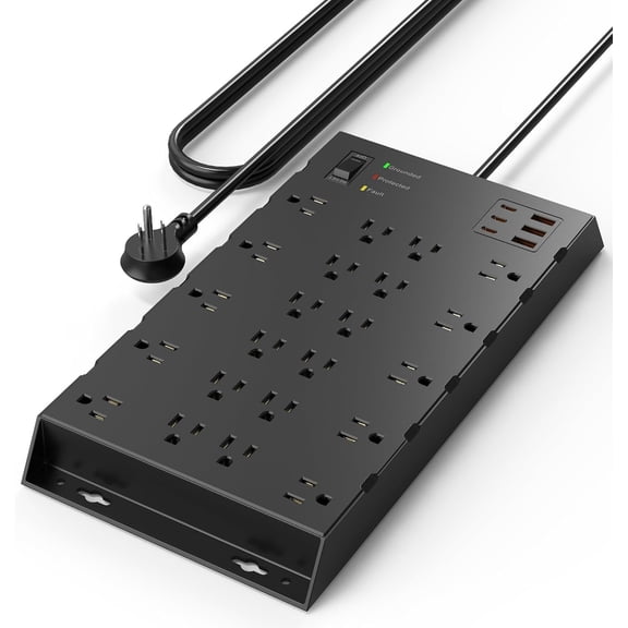 22 Outlets & 6 USB Big Power Strip,  Surge Protector with 3USB C & 3USB A  Ports, 6.5ft Flat Plug Heavy Duty Extension Cord(1875W/15A),2100J, 14AWG,Wall Mountable for Garden,Shed, Black