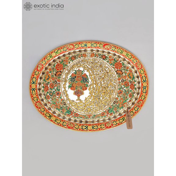 22'' Oval Shaped Designer Marble Plate with Embossed Floral Work