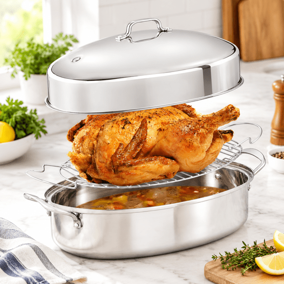 22" Oval Stainless Steel Roasting Pan with Rack and Lid, Fits 26lb Turkey