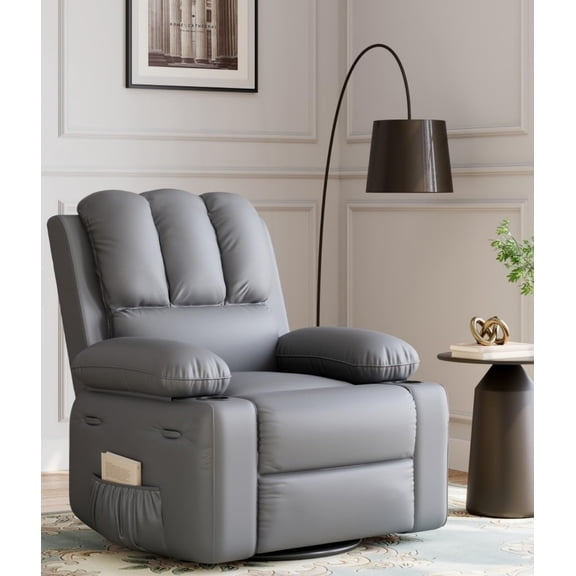 22" Oversized Swivel Recliner Chair with Heating & Massage, 360° Rotation, 30° Rocking Motion, PU Leather, Remote Control