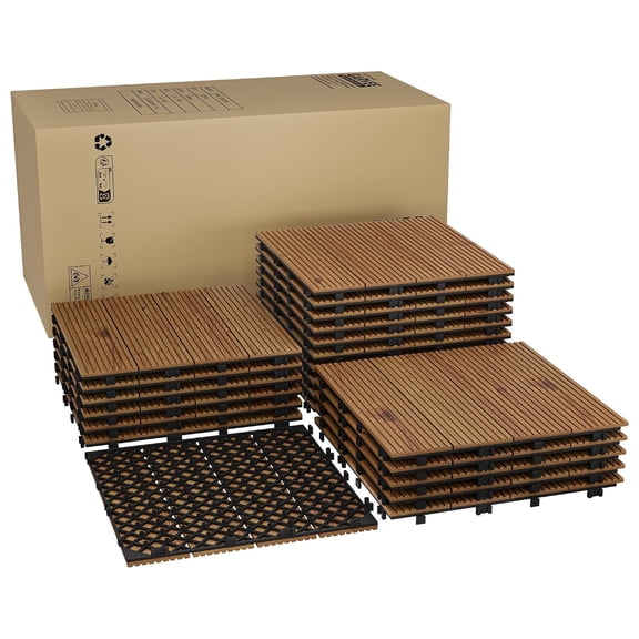 22 PCS 12" x 12" Composite Acacia Wood Deck Tiles, Interlocking Waterproof Outdoor & Indoor Flooring, Snap Together Patio Tiles for Balcony, Poolside, Deck, Garden, Brown