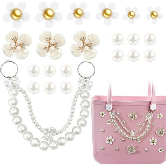 22 PCS Charms for Bogg Bag, Flower Pearls & Butterfly Charms for Bogg Bags Accessories Charm Compatible with Simply Southern Rubber Beach Bag Tote