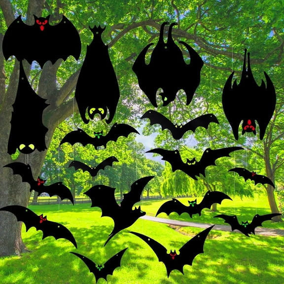 21 PCS Halloween Decorations Hanging Bats,Realistic Large Flying Plastic Bats Outdoor Decor with Cute Eye Stickers for Hanging in The Tree,Porch,Yard,Lawn,Indoor