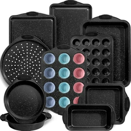 22 PCS Nonstick Baking Pans Set, Stackable Bakeware Sets with Silicone Handles, 450°F Oven Safe Baking Sheet set, Easy Release Cookie Sheets for Baking, Black
