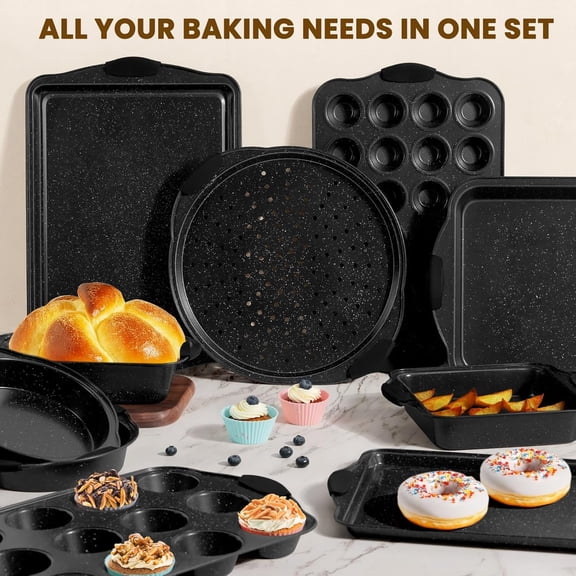 22 PCS Nonstick Baking Pans Set, Stackable Bakeware Sets with Silicone Handles, 450 ° F Oven Safe Baking Sheet set, Easy Release Cookie Sheets for Baking, Black
