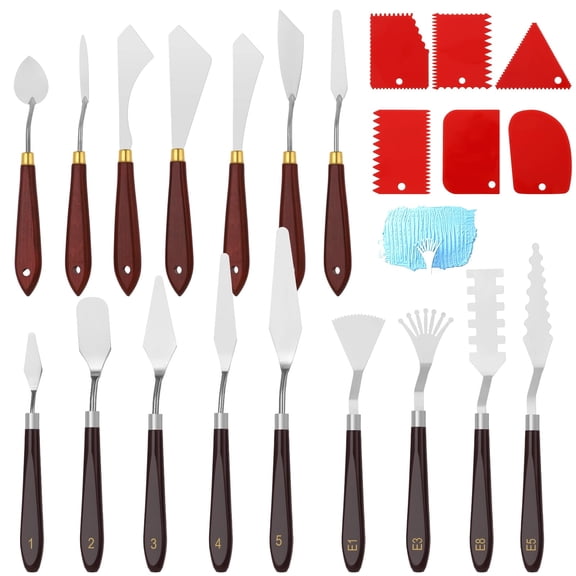 22 PCS Palette Spatula Set, Stainless Steel Palette Tools and Plastic Scrapers, Painting Pallet Spatulas with Wooden Handle for Oil Painting, Acrylic Color Mixing Texturing