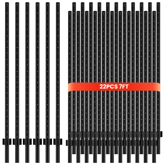 22 Pack 7 FT Metal Fence Posts, No Dig Steel U-Post T-Posts, Black Heavy Duty Garden Fence Stakes for Temporary Fencing, Electric Fence Wire and Corner Anchors