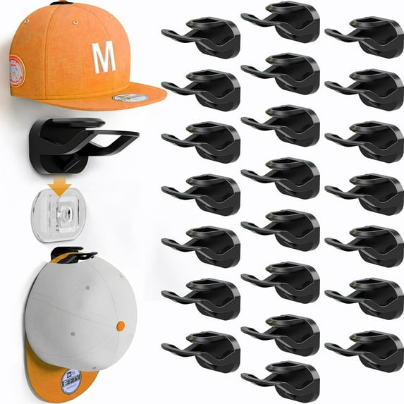 Wall Mount Hat Rack 22 Pack, Removable Baseball Cap Hooks, No Screw Holes Exposed, Customizable Arrangement, Black