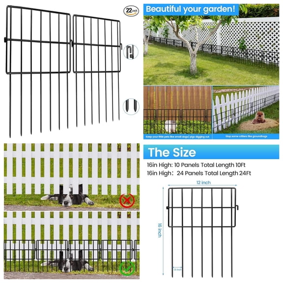 "22 Pack Animal Barrier Fences, 1.5"" Gap No Digging Garden Fence Panels, Metals Black Deterrent Fence for Dogs Rabbits, Decorative Fence for Outdoor Landscape Patio Total 22 ft(L)16 in(H) "