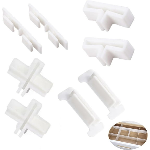 22 Pack Drawer Divider Clips Holder Plastic Mount Fixing Buckle Corner Angle Cross Connector Ends for Drawer Organizer Partition Grid Plates Separators Rail Box Installation (4 Types)