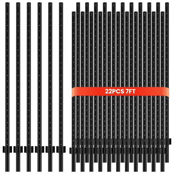 22 Pack Metal Fence Posts,7 FT Garden Fence Post, T Post for Wire Fence, No Dig Steel U Post Fencing, Black Garden Stakes for Temporary Fencing, Electric Fence Wire, Corner Anchor