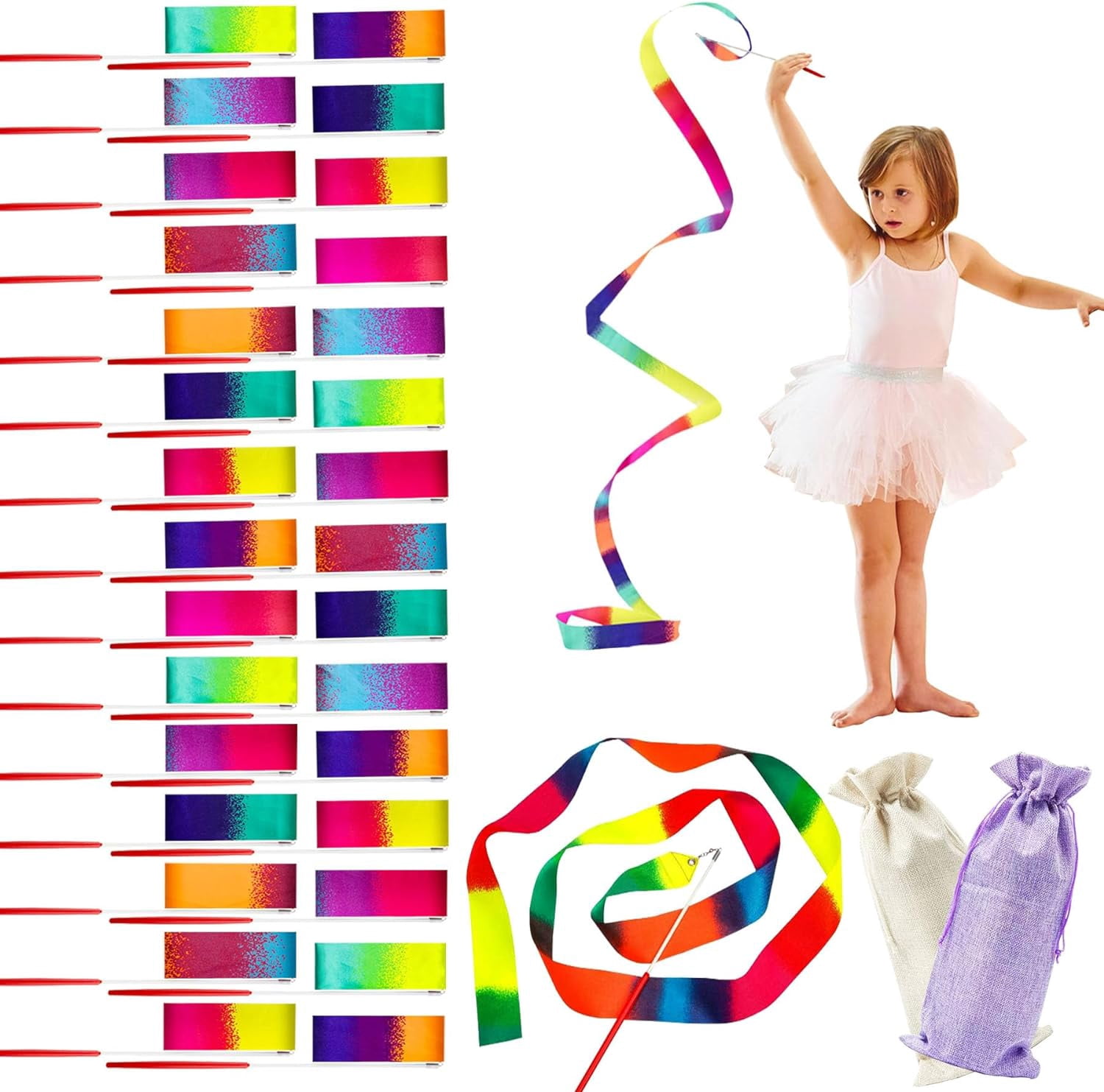 22 Pack Ribbon Dance Wand Colorful Dance Steamer For Kids Party Favors Gymnastics Ribbons