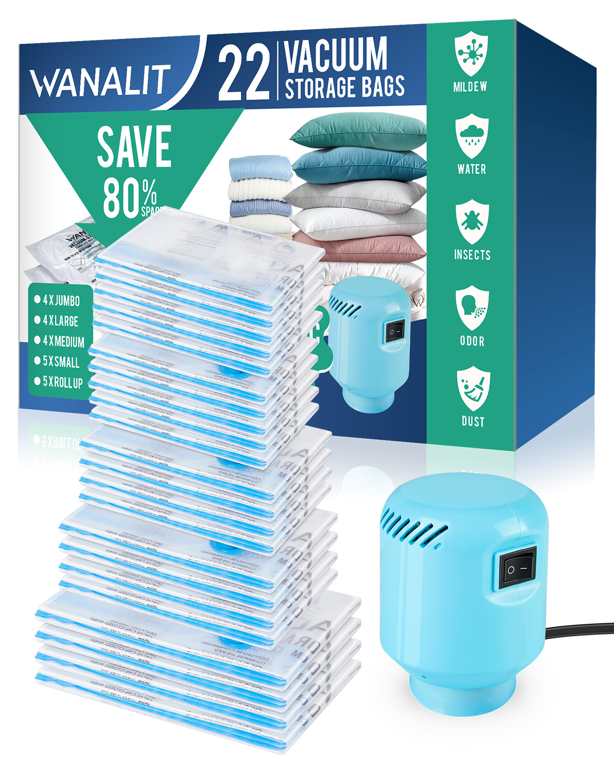 22 Pack Vacuum Storage Bags with Electric Air Pump,Space Saver Bag