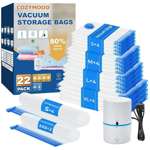 Cozymood 22 Pack Vacuum Storage Bags, Space Saving Travel Vacuum Bags with Electric Pump, Vacuum Seal Bags for Clothes, Comforters, Blankets, Moving, Storage & Organization