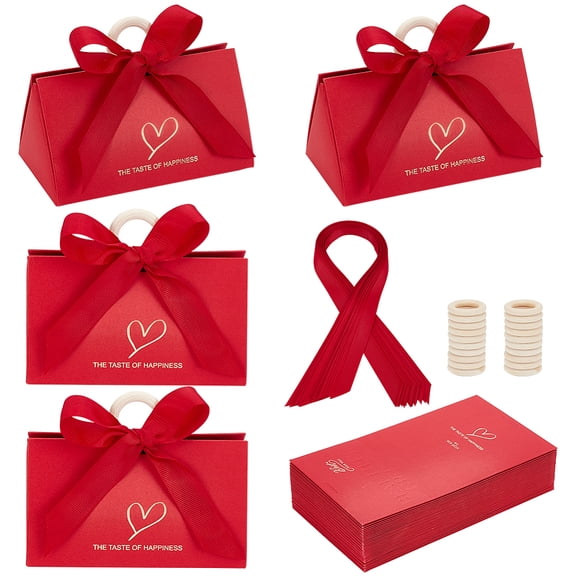 22 Pack Wedding Candy Boxes Handbag Gift Boxes Red Paper Gift Wrapping Box with Wood Handle and Ribbon Wedding Party Favor Festival Gift