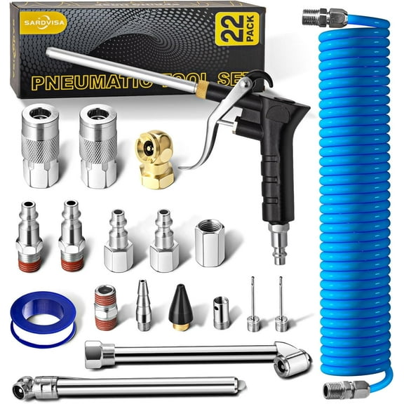 22-Packs Air Compressor Accessories Kit, 25FT Upgrade Repairable PU Air Hose with 1/4'' NPT Air Tool Kit, Air Blow Gun/Air Chuck/Tire Gauge, Pneumatic Tool Set