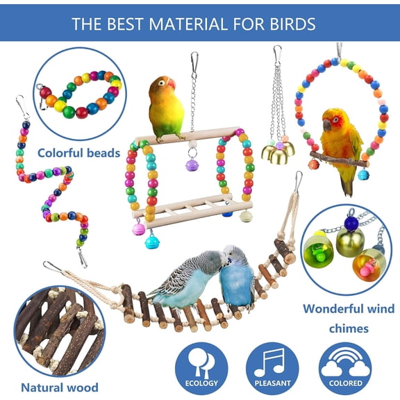 22 Packs Bird Parakeet Cockatiel Toys,Parrot Swing Chewing Hanging Toy with Safe Bells,Bird cage Colorful Climbing Standing Rope Natural Wood Ladder Bungee Toys