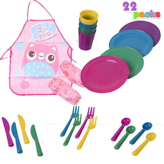 22-Pc Multi-Color Kids Dishes Set Preschool Toy for Girls 3-6 Years Boys, Durable Plastic Plate & Utensils for Play Kitchens