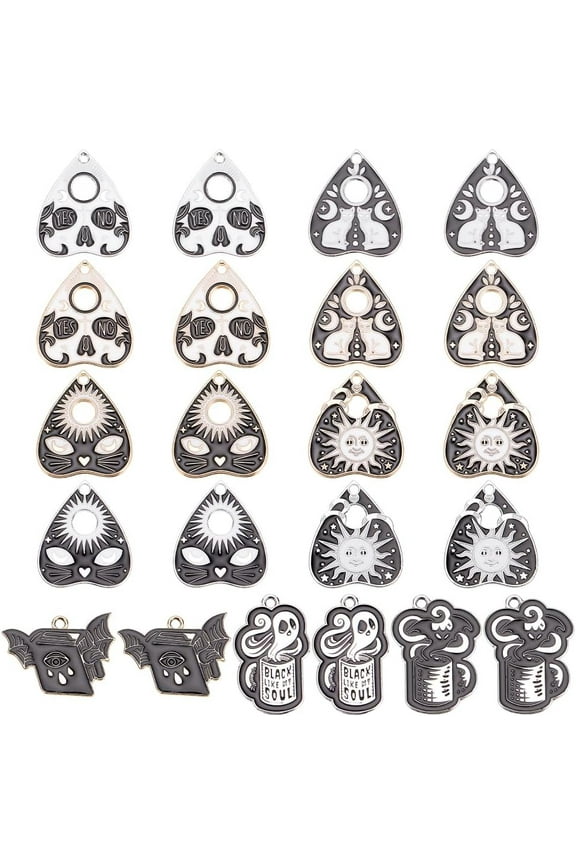 22 Pcs 11 Styles Enamel Charms Black and White Alloy Charms Heart Cup Book Shaped Pendant Charms Ghost Bat Charms for Bracelet Necklace Making