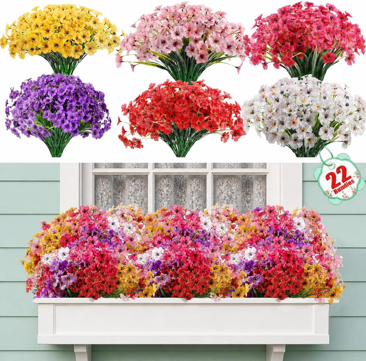 22 Pcs Artificial Flowers for Outdoor Fake Plants, Faux Silk Flowers for Outdoors Outside Front Porch Hanging Planter Window Box Garden Spring Decoration(Mixed)