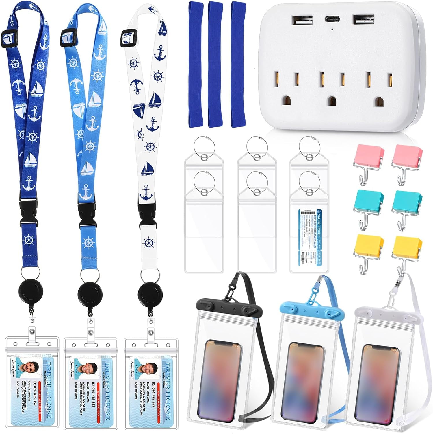 22 Pcs Carnival Essentials Cruise Accessories Kit Include Cruise Luggage Tags Holder Cruise Lanyards for Ship Card Magnetic Hook Waterproof Phone Bag Towel Band and Power Strip(Bright Color)