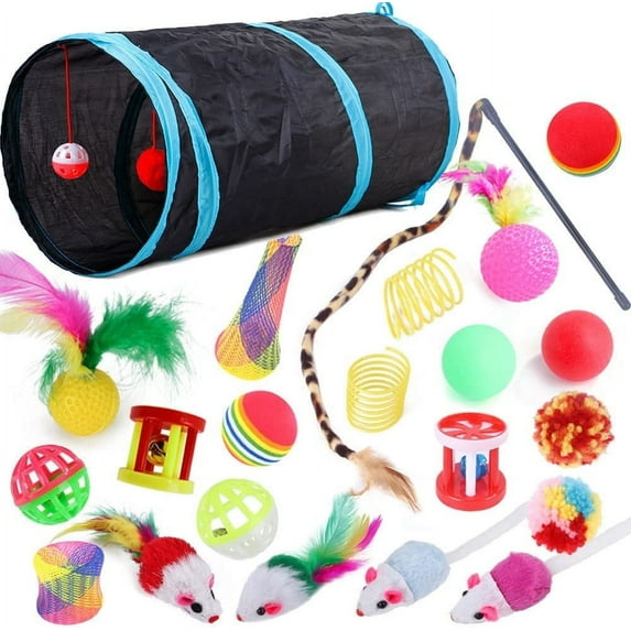22 Pcs Cat Toys, Interactive Kitten Toys with Collapsible Tunnel, Feather Teaser Wand Toys Balls