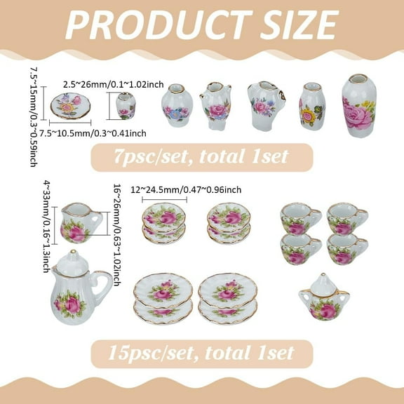 22 Pcs Mini Porcelain Vases and Tea Cup 1:12 Dollhouse Miniature Teapots Sets 7 Pcs Porcelain Vases and 15 Pcs Tea Cups Teapots for Mini Garden Kitchen and DIY Miniature Projects